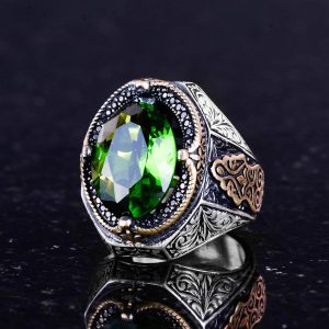 Yeşil Yapay Taş Yüzük, 925 Ayar Gümüş Tasarım Yüzük, Gümüş Erkek Yüzüğü - Görsel 5
