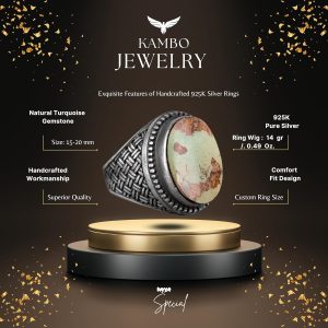 Gerçek Doğal Arizona Turkuazı Gümüş Taş, El Yapımı Yüzük, 925 Ayar Gümüş Yüzük Erkekler İçin - Görsel 2