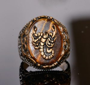 Doğal Kaplan Gözü Taşı Yüzük - 925 Ayar Gümüş Yüzük - Erkekler İçin Yüzük (Akrep) - Görsel 5