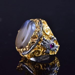 Gerçek Doğal Yemeni Akik Taşı Yüzük, El Yapımı Sultan Yüzük, 925 Ayar Gümüş Altın Kaplama Erkek Yüzüğü - Görsel 3