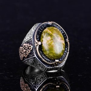 925 Ayar Katı Gümüş Erkek Yüzük - El Yapımı Unakite Taşı Yüzük, Sanatsal Tasarım - Görsel 4