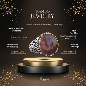 Gerçek Safir Yuvarlak Taş Yüzük, 925 Ayar Gümüş Erkek Yüzüğü - Görsel 2