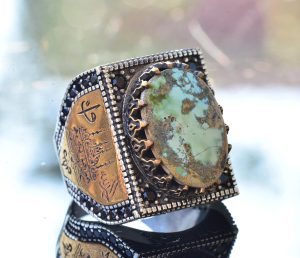 Gerçek Arizona Turkuaz Taşlı İslami Gümüş Yüzük - Spiritüel Erkek Yüzüğü - Görsel 3