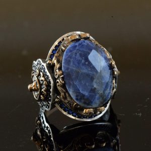 925 Ayar Gümüş Erkek Yüzük, Doğal Sodalit Taşı ve Aslan Tasarımı ile - Görsel 5