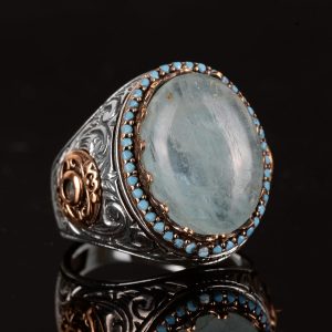 925 Ayar Gümüş Doğal Akuamarin Taşlı Erkek Yüzük - El Yapımı Kral Takı - Görsel 6