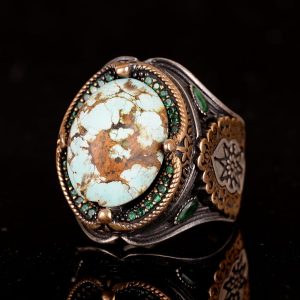 925 Doğal Arizona Turkuaz Taş Yüzük, Oval Sterlin Gümüş Yüzük Erkekler için (Stil-1) - Görsel 4