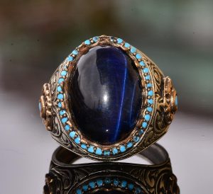 Kral Yüzük - Yapay Mavi Kaplan Göz Taşı, 925 Ayar Gümüş Unisex Yüzük - Görsel 5