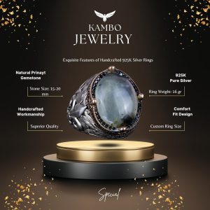 925 Ayar Gümüş El Yapımı Erkek Yüzük - Çeşitli Doğal Taşlarla Mevcut (Prehnit) - Görsel 4