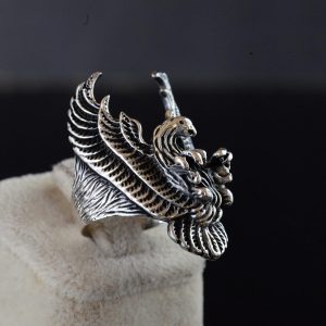 Büyük ve Ağı Heavy Yüzük, Anka Kuşu Yüzüğü, Ölüm Başlığı Yüzüğü, Biker Yüzüğü, 925 Ayar Gümüş Erkek Yüzüğü - Görsel 3