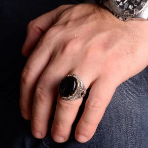Gerçek Doğal Taş Yüzük, 925 Ayar Gümüş Erkek Yüzüğü, El Yapımı Oval Yüzük - Görsel 3