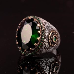 Kral Yüzük, Yaşlandırma Yüzüğü, Sultan Yüzüğü, Erkek 925 Ayar Gümüş Yüzük, Yapay Zümrüt Taşı, yeşil - Görsel 4