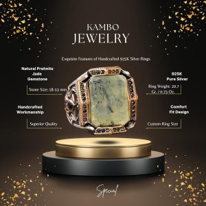 Gerçek Prehnit Yeşim Taşı Yüzük - Ayar Gümüş Erkek Bant Yüzüğü - Görsel 2