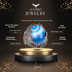 Mavi Akik Taşlı Yüzük, Camii Yüzüğü, 925 Ayar Gümüş Yüzük - Görsel 2