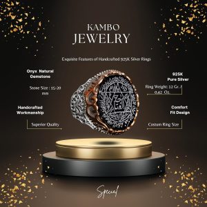 Sterling Gümüş Erkek Yüzük, Doğal Siyah Oniks Taşı, Kral Süleyman Mühürü Yüzüğü, El Yapımı Takı (Oniks) - Görsel 2