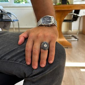 İslami Erkek Yüzüğü, Hat Sanatı Tasarımı, Oniks Taşlı Sterlin Gümüş Dinî Yüzük - Görsel 3