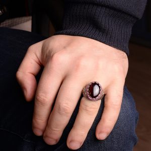 925 Ayar Gümüş Erkek Yüzük Doğal Granat Taşı - El Yapımı İfadesel Yüzük - Görsel 7