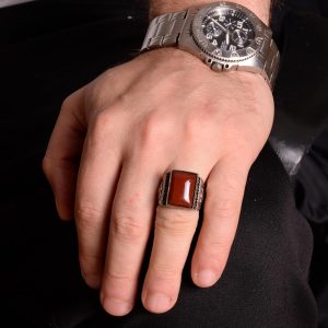 925 Ayar Gümüş Yüzük, Yapay Agat Taşı Yüzük, Tuğra Yüzüğü - Görsel 3