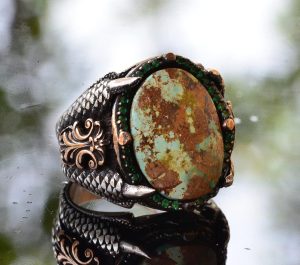 Gümüş Kartal Pençesi Turkuaz Yüzük Erkekler için, 925 Ayar Gümüş Erkek Yüzük, Büyük Yüzük - Görsel 3