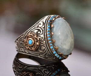 Gerçek Doğal Larimar Taşı Kral Yüzük - El Yapımı Gümüş Takı Erkekler için - Görsel 4