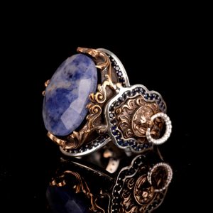 El Yapımı 925 Ayar Gümüş Erkek Yüzük, Gerçek Taş Yüzük, Aslan Tasarımı, Altın Kaplama Doğum Taşı Yüzüğü (Sodalit) - Görsel 3