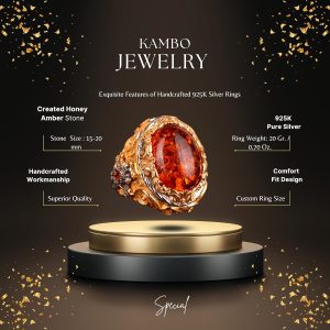 Yapay Amber Taşı Yüzük, 925 Ayar Gümüş Erkek Kral Yüzüğü, Altın Kaplama - Görsel 2