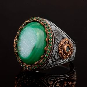 Gerçek Doğal Drusy Kristal Kuvars Taşı Erkek Yüzüğü, Vintage Yüzük, 925 Ayar Gümüş Yüzük - Görsel 5