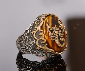 Doğal Kaplan Gözü Taşı Yüzük - 925 Ayar Gümüş Yüzük - Erkekler İçin Yüzük (Akrep) - Görsel 4