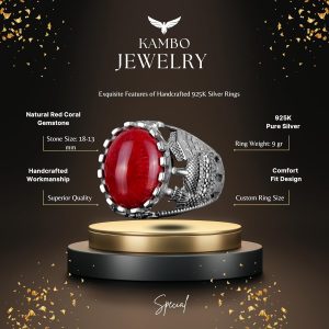 925 Ayar Gümüş Yüzük, Kırmızı Mercan Taşlı Yüzük, İslami Camii Gümüş Yüzük - Görsel 2