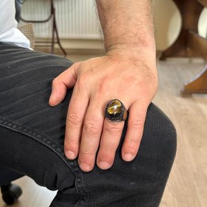 Doğal Taş Yüzük | Davut Yıldızı Erkek Yüzüğü | 925K Gümüş Erkek Yüzüğü | Kaplan Gözü ile Cesur Tasarım - Görsel 7