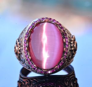 925K Erkek Sterlin Gümüş Yüzük - Pembe Kedi Göz Taşı Kral Yüzüğü - El Yapımı Erkek Takısı - Görsel 3