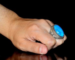 "925 Ayar Gümüş Erkek Yüzük, Yapay Turkuaz Taşı, Osmanlı Yüzüğü" - Görsel 6