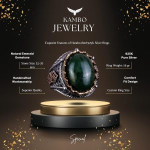 El Yapımı Doğal Cabochon Zümrüt Taşlı Yüzük, 925 Ayar Katı Gümüş Erkek Yüzük - Görsel 5