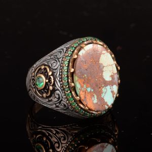 Erkekler için El Yapımı Gerçek Doğal Arizona Turkuaz Taş Yüzük, 925 Ayar Gümüş Yüzük, Sultan Yüzüğü (Model-11) - Görsel 4