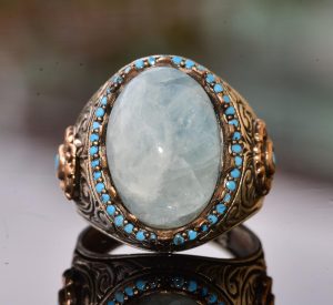 Gerçek Doğal Larimar Taşı Kral Yüzük - El Yapımı Gümüş Takı Erkekler için - Görsel 5