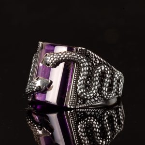 925 Ayar Gümüş Erkek Yüzük, Yılan Yüzük, Yılan Takısı, El Yapımı Erkek Yüzük, Oluşturulmuş Ametist Taşı Yüzük - Görsel 5