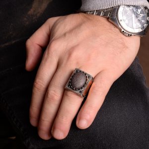 Gerçek Doğal Hematit Taş Yüzük, 925 Ayar Sert Gümüş Erkek Yüzük, İslami Yüzük, El Yapımı Yüzük - Görsel 3