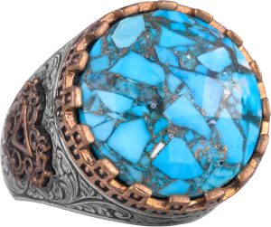 Gerçek Doğal Turkuaz Taşlı Gümüş Erkek Yüzük - Vintage Tasarım - Görsel 1