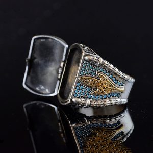 925 Ayar Gümüş Erkek Kutu Yüzük, Turkuaz Taşlarla, Erkekler İçin Farklı Tasarım - Görsel 3