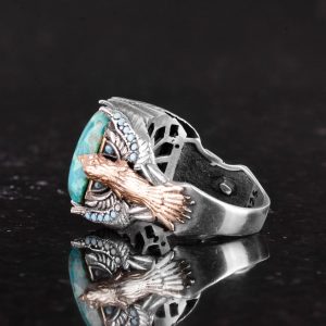 Doğal Dikdörtgen Krysokolla Taş Yüzük - 925 Ayar Gümüş Erkek Yüzük - Görsel 6