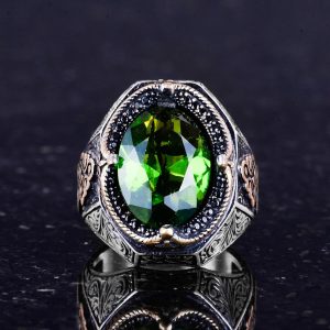 Yeşil Yapay Taş Yüzük, 925 Ayar Gümüş Tasarım Yüzük, Gümüş Erkek Yüzüğü - Görsel 4