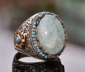 Gerçek Doğal Larimar Taşı Kral Yüzük - El Yapımı Gümüş Takı Erkekler için - Görsel 3