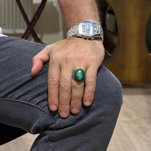 Gerçek Doğal Malakit Taşı Yüzük - 925 Ayar Gümüş El Yapımı Erkek Takısı - Görsel 3
