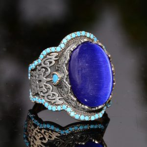 El Yapımı Mavi Kedi Gözü Yüzük Turkuaz Yapay Taş  ile - 925 Ayar Gümüş Erkek Takısı - Görsel 3