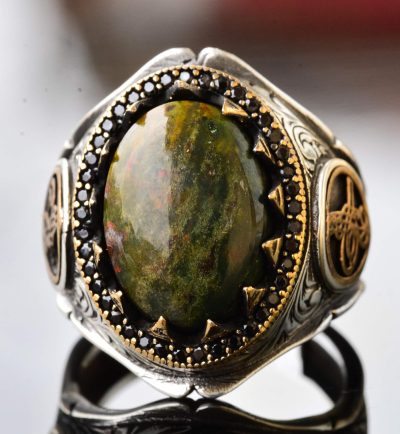 Doğal Kan Taşı Erkek Yüzüğü - 925 Ayar Gümüş Osmanlı İmparatorluğu Tuğra Tasarımı - Görsel 4