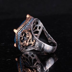 925 Ayar Gümüş Erkek Yüzük, Oluşturulmuş Taş, El Yapımı Vintage Tasarım İfade Yüzüğü (Oluşturulmuş Açık Mavi Paraiba) - Görsel 7