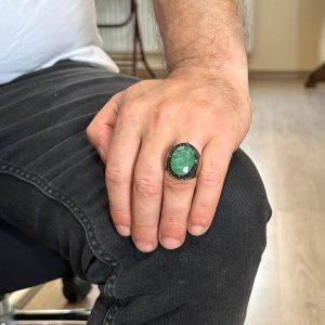 İslami Gümüş Yüzük, Doğal Zümrüt Taşlı Yüzük - 925 Ayar Sert Gümüş Yüzük Erkekler İçin - Görsel 3