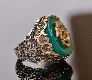 925 Ayar Gümüş Yüzük - Semboller Yüzüğü - Yeşil Ağaçtaşı Yüzük - Görsel 4