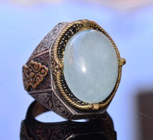 El Yapımı Vintage Tasarım Zümrüt Yüzük - 925 Ayar Gümüş Erkek Yüzük Altın Aksanlı (Akvamarin) - Görsel 4
