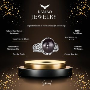 925 Ayar Gümüş Erkek Yüzük - Doğal Yıldız Granat Taşı ile El Yapımı Kalp Deseni - Görsel 2