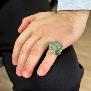 925 Ayar Gümüş Erkek Yüzük, Doğal Prehnit Taşı, Doku Detaylı Bant, Yeşil Prehnit Taşı - Görsel 6